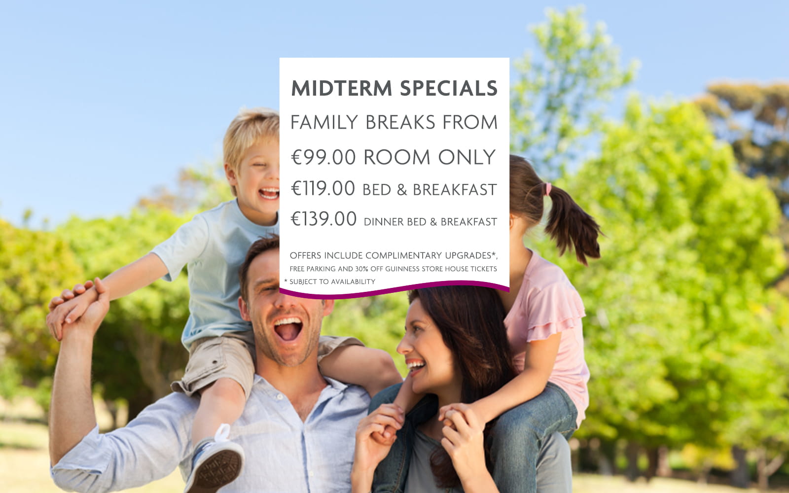 Crowne Plaza Midterm Specials banner with happy family